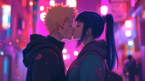 Two stylized figures kiss in neon lit urban street