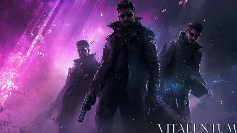 Bold cyberpunk trio strides through glowing neon storm