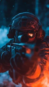 Intense soldier close up in blue orange tactical lighting.