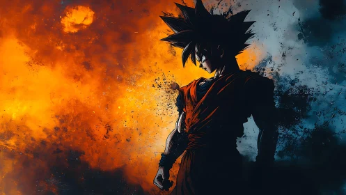 Silhouetted anime fighter stands before divided color field