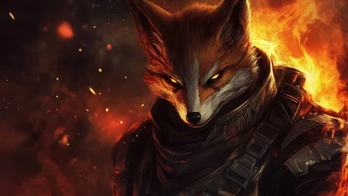 Armored vulpine warrior with glowing eyes in fiery inferno