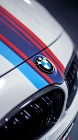 BMW front fascia macro with M-stripe livery and gloss reflections