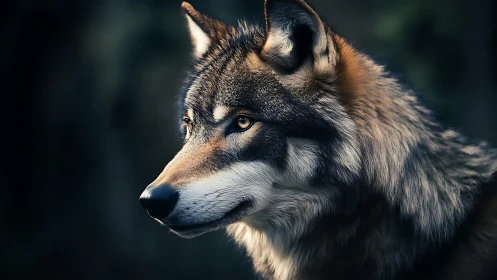 Telephoto side-profile study of a wolf under soft directional light