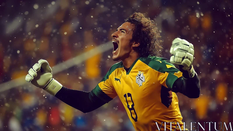 Goalkeeper celebration under stadium rain lights at night.