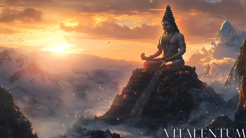 Colossal meditating deity statue dominates snowy mountain temple