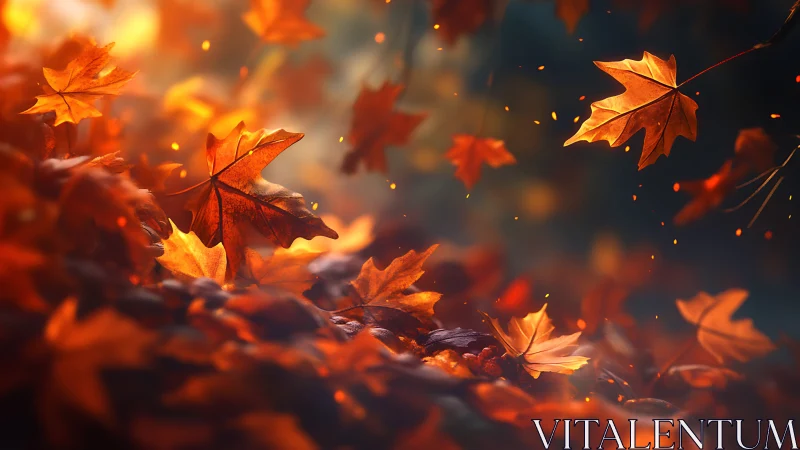 Autumn maple leaves swirling in warm glowing forest light.