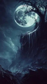 Lunar chasm under twisted barren tree in cyan moonlight.