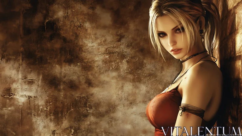 Warrior woman against textured wall in warm light.