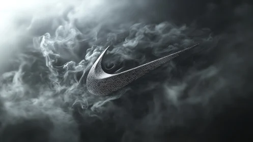 Metallic swoosh logo floats through swirling silver smoke.