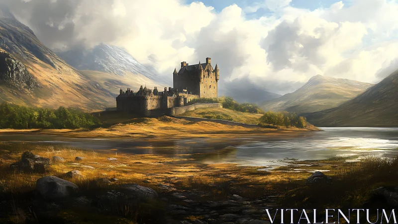 Sunlit lakeside castle cradled by misty highland hills.