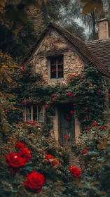 Rose-drowned cottage doorway wrapped in secret garden hush.