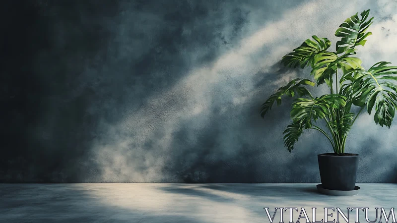 Monstera plant against moody textured concrete wall.