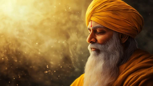 Golden serenity drapes the wise elder in meditative light