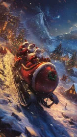 Dynamic downhill Santa sleigh trio in illuminated alpine village