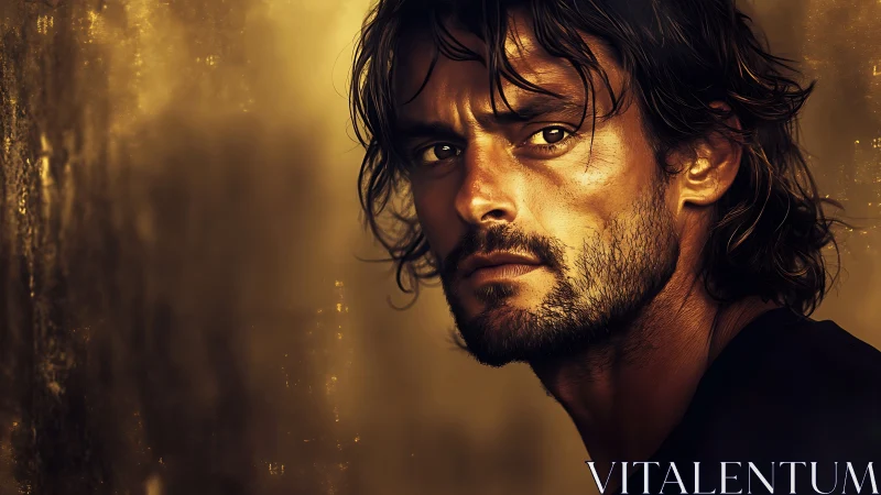 Photorealistic male portrait in dramatic golden side light.