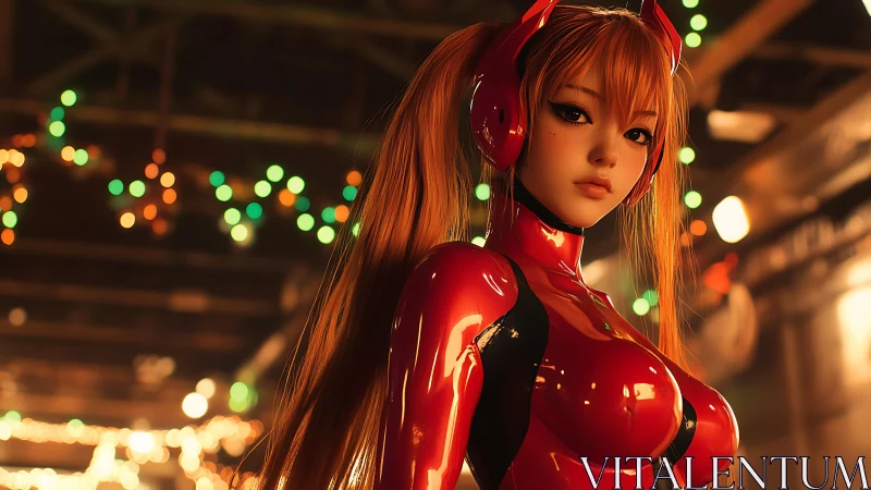 Red suited anime-styled figure in illuminated interior scene.