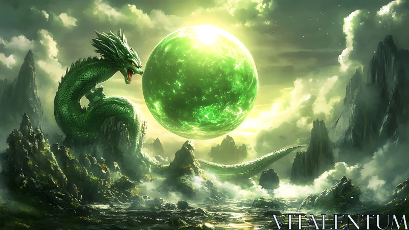 Emerald celestial dragon coiled around radiant energy sphere