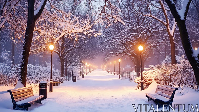 Snow covered park path with benches and lamplights at dusk.