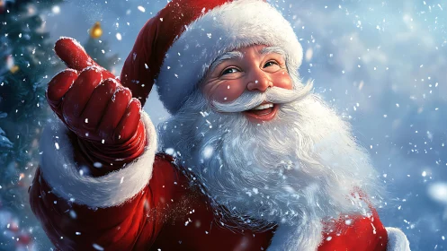 Snow-swirled Santa chuckling under candy-cane clouds.