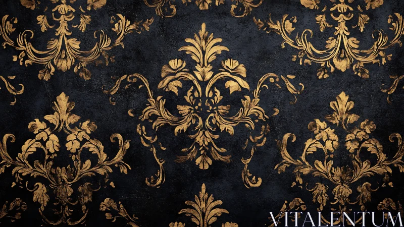 Gold baroque floral ornaments on textured dark surface.