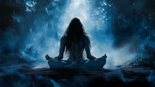 Solitary figure meditating in blue-tinged forest gloom.