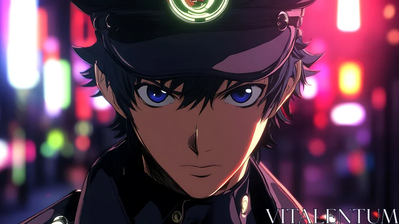 Neon backlit anime officer with high contrast rim lighting and bokeh