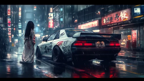Street racer coupe meets ghostly figure in neon rainstorm.