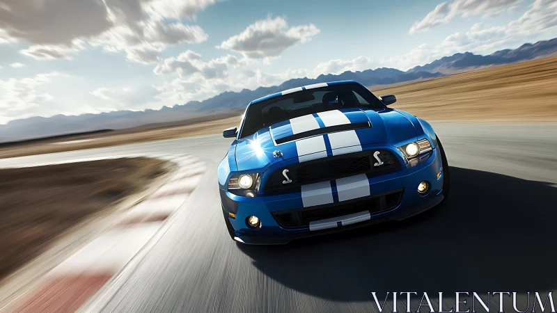 Blue striped performance car navigates curved desert track