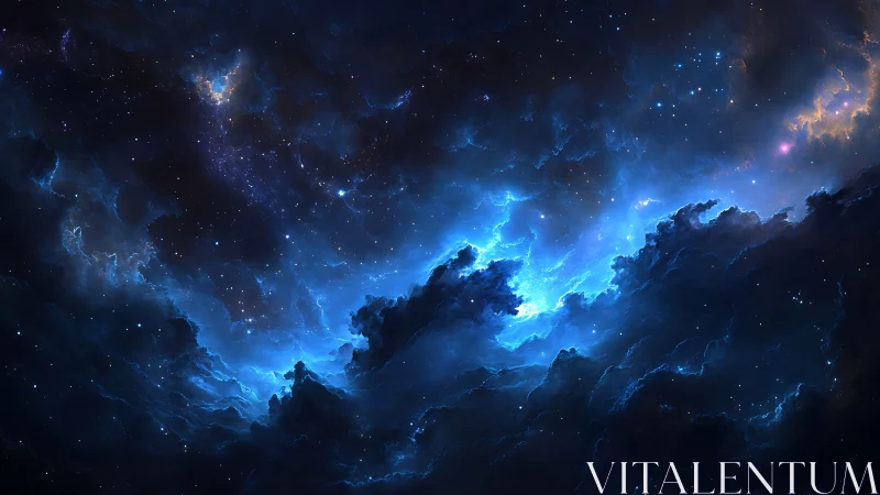 Luminous blue nebula swirls through deep cosmic starfield