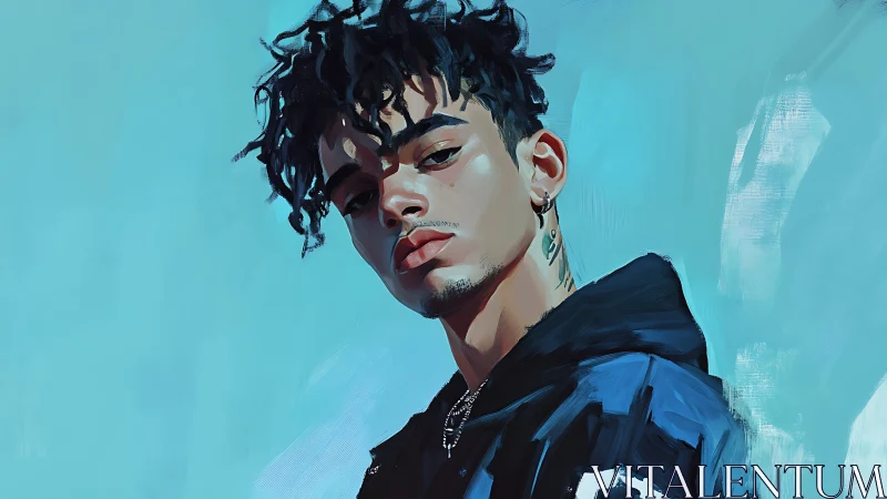 Digital portrait of moody young man against cyan backdrop