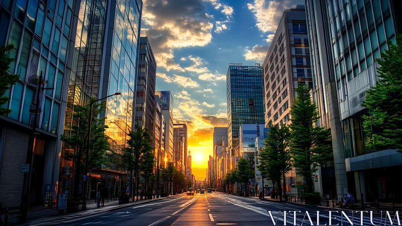 Sunlit glass corridor in vibrant urban financial district.