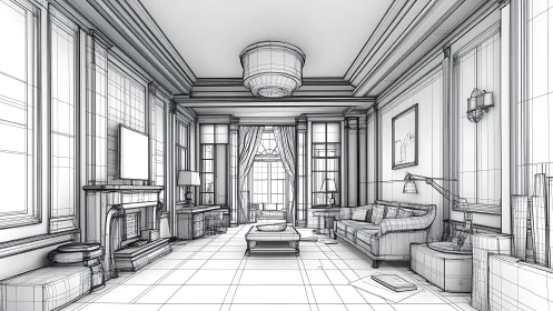 Architectural Sketch of Elegant Reception Hall with Grand Windows