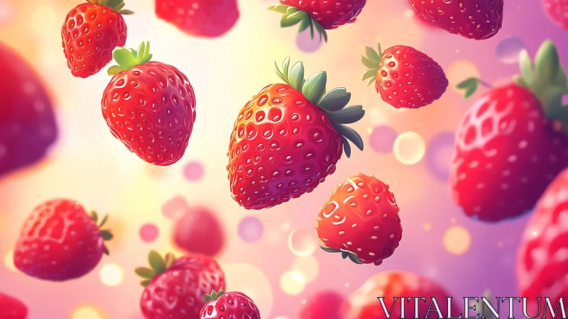 Floating strawberries rendered with soft bokeh and high-gloss shading