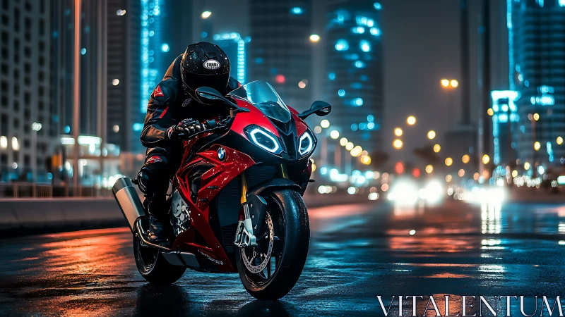 Sport bike rider leans into wet neon city street at night