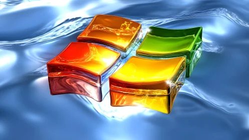 3D Glassy Windows Logo Floating on Shiny Blue Liquid Surface.