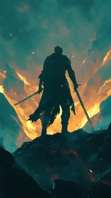 Lone swordsman silhouetted before burning rift sky.