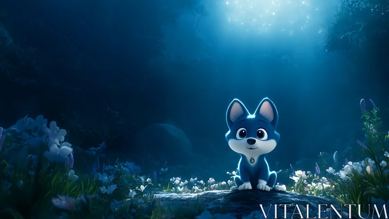 Digital painting of blue puppy in luminous forest clearing.