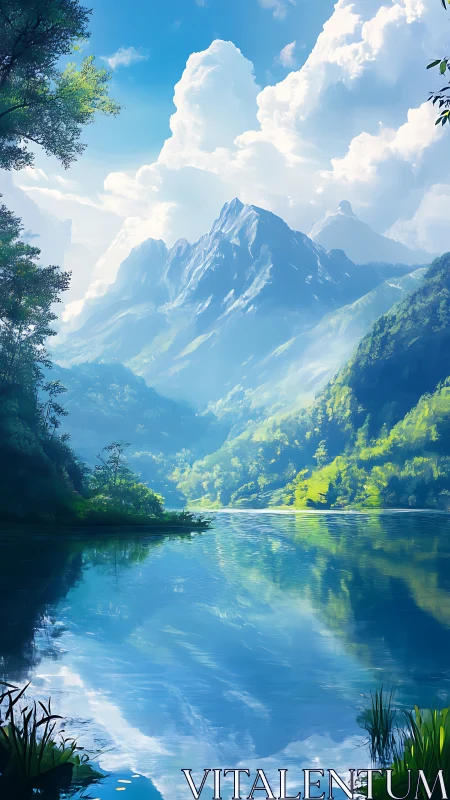 Alpine lake reflection captures atmospheric mountain depth