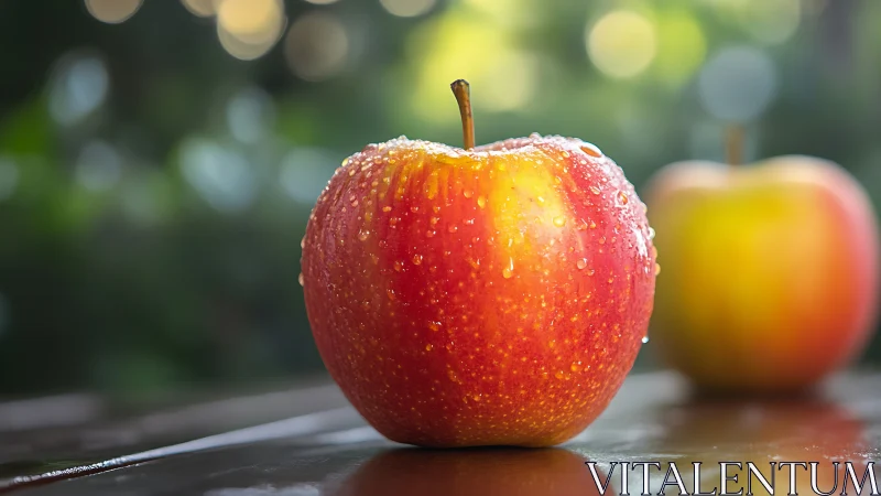 Photorealistic macro study of dewy red apple on wet surface