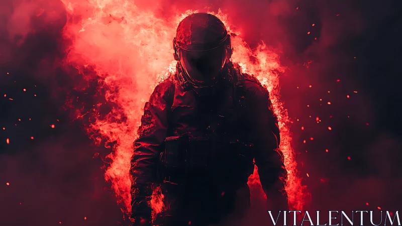 Tactical armored figure engulfed in volumetric red fire cloud