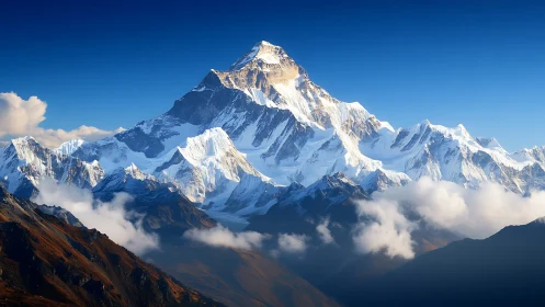 High-altitude snow-covered mountain massif under clear blue sky