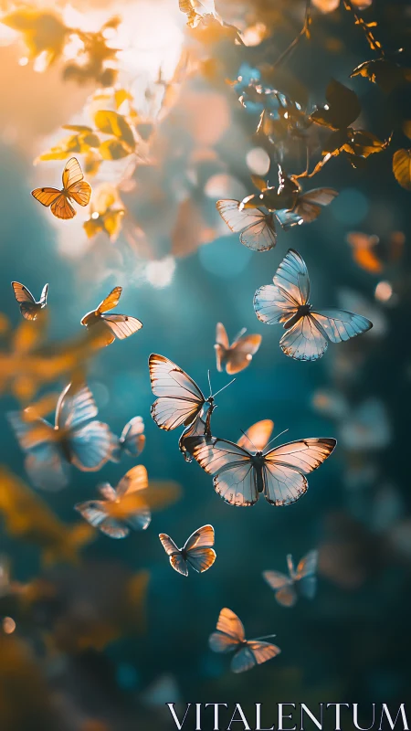 Backlit butterflies in shallow depth, warm bokeh and teal haze