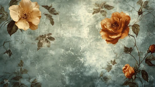 Muted orange roses on textured blue floral backdrop.
