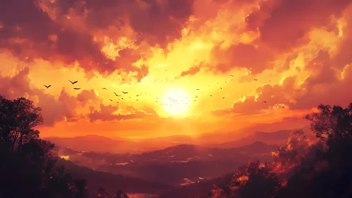 Skyfire sunset over misty valleys and winglit horizons.