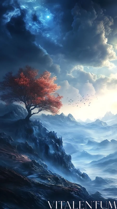 Solitary red tree on misted ridgeline under turbulent sky.