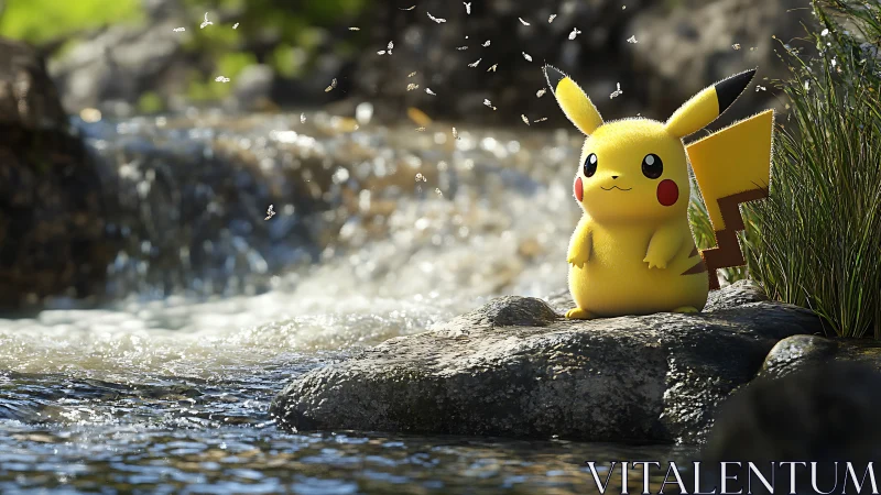 Pikachu rendered in hyperreal lighting beside cascading stream
