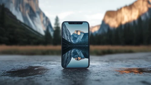 Smartphone framing alpine lake reflection in soft dusk light.