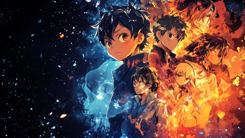Dual elemental anime heroes stand between fire and starlit void