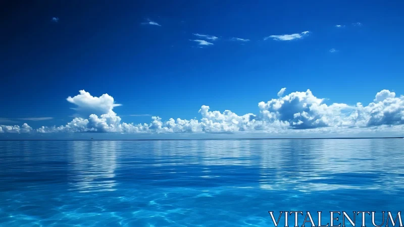 Wide open seascape under bright blue sky with clouds.