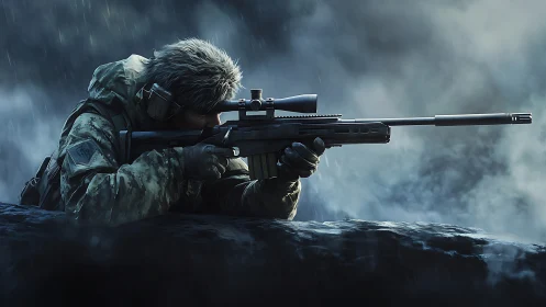 Sniper in Rain: Tactical Combat Position with Precision Rifle.